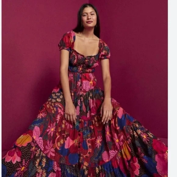 NEW Farm Rio Women's M Wildlife Maxi Dress Puff Sleeves Multicolor Casual - Picture 2 of 3